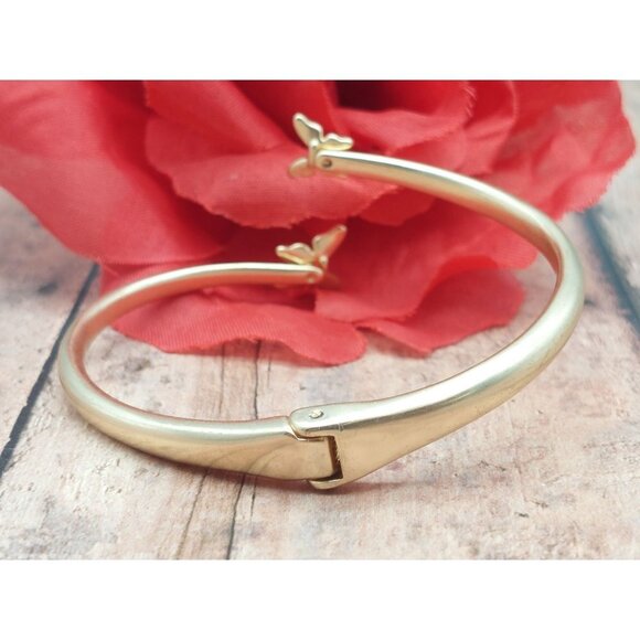 Lucky Brand Brushed Gold Tone Cuff  Bangle Bracelet Hinged Butterflies Crystal - Picture 6 of 11